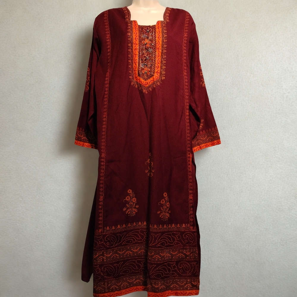 Maroon and Orange Embroidered Kaftan